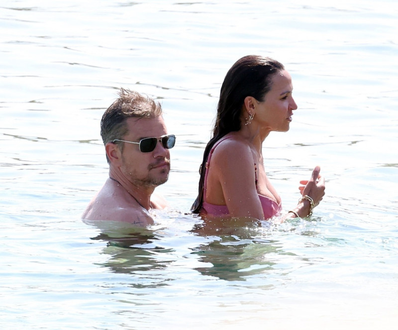 *PREMIUM-EXCLUSIVE* *MUST CALL FOR PRICING* *WEB EMBARGO UNTIL 18:55 HRS UK TIME ON 06/07/23* Hollywood actor Matt Damon packs on the PDA with his wife Luciana Bozan Barroso while enjoying a day at the Paraga beach, at Tasos Taverna, in Mykonos.