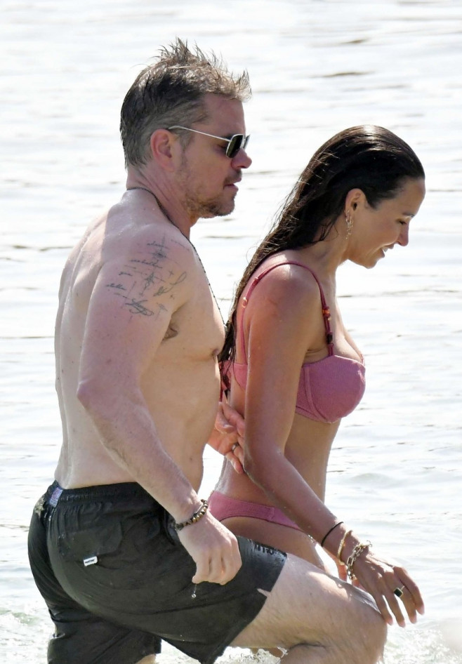 *PREMIUM-EXCLUSIVE* *MUST CALL FOR PRICING* *WEB EMBARGO UNTIL 18:55 HRS UK TIME ON 06/07/23* Hollywood actor Matt Damon packs on the PDA with his wife Luciana Bozan Barroso while enjoying a day at the Paraga beach, at Tasos Taverna, in Mykonos.