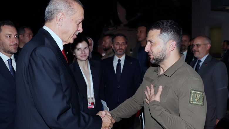 Turkish President Recep Tayyip Erdogan (L) and Ukrainian President Volodymyr Zelenskyy shake hands