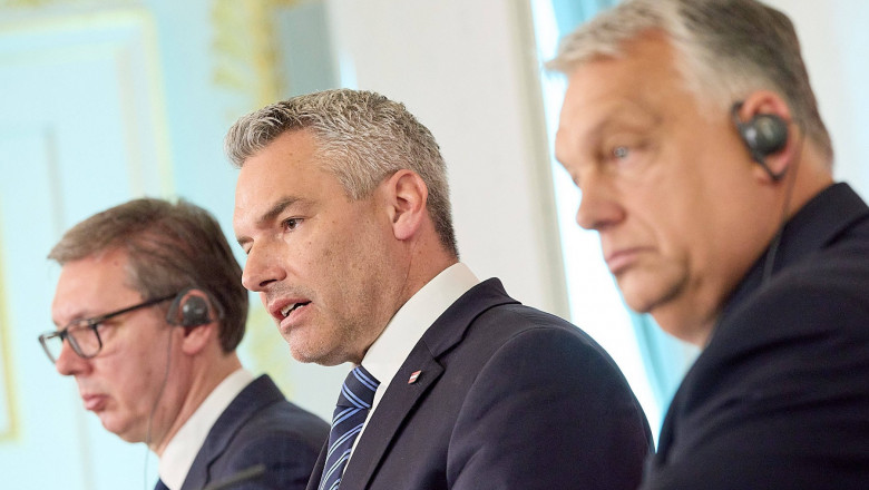 Karl-Nehammer, Viktor-Orban-si-Aleksandar-Vucic- la conferinta de presa