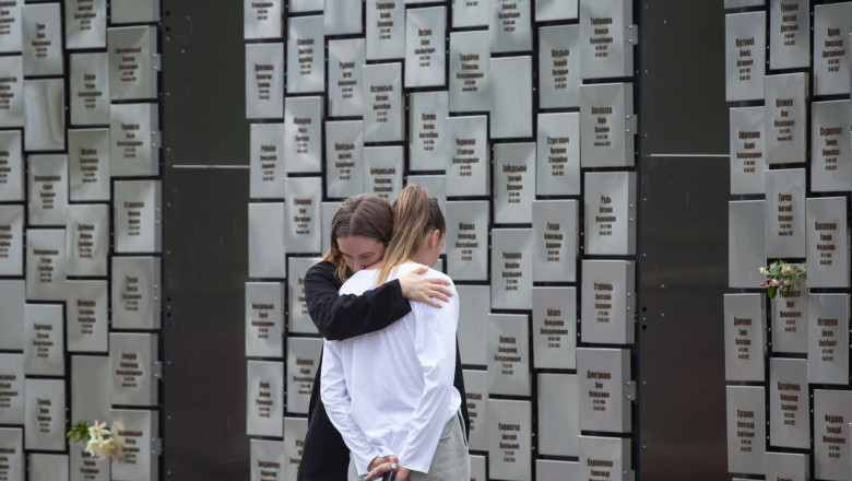 Memorial with the names of 501 civilians in Ukraine's Bucha