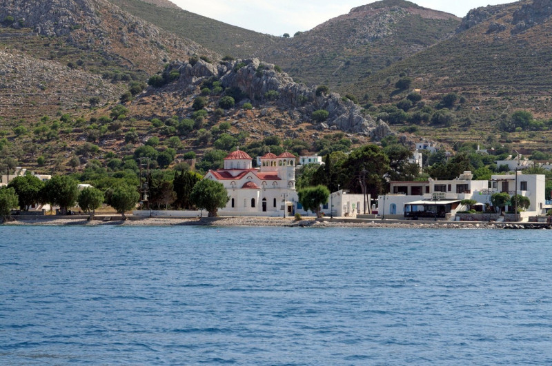 Agios Nikolaos Church, Livadia, Tilos, Seen ffrom a boat. Dodecanese islands, Southern Aegean, Greece
