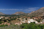 Volcanic ash landscape looking towards Megalo Chorio. Tilos island, Dodecanese, Greece, EU. cym