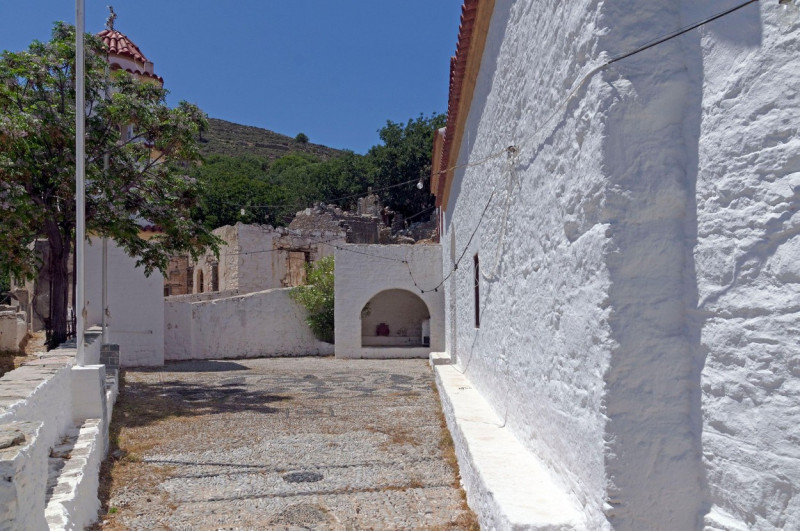Church at Micro Chorio abandoned village, Tilos island, Dodecanese, Greece, EU. cym