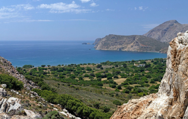View towards Eristos from the road to Charkadio Caves. Tilos island, Dodecanese, Greece, EU