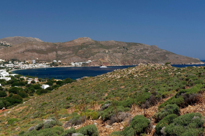 Panagia Evangelistria ferry coming into Livadia harbour, Tilos island, Dodecanese, Greece, EU cym
