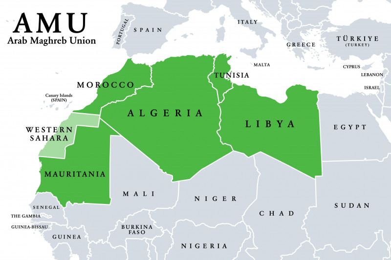 Arab Maghreb Union, AMU member states map. Simply Maghreb Union, MU, political and economic union trade agreement among Arab countries States.