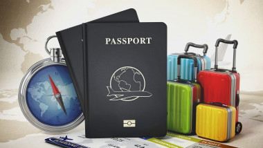 Ilustrație cu pașapoarte, busolă, bagaje și bilete de avion