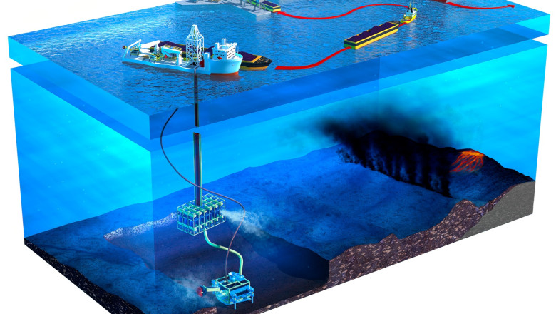 ilustrație cu operațiunile de minerit la mare adâncime pe fundul oceanelor