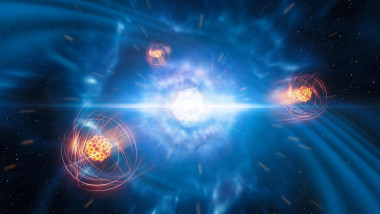 Ilustrație cu ciocnirea a două stele neutronice