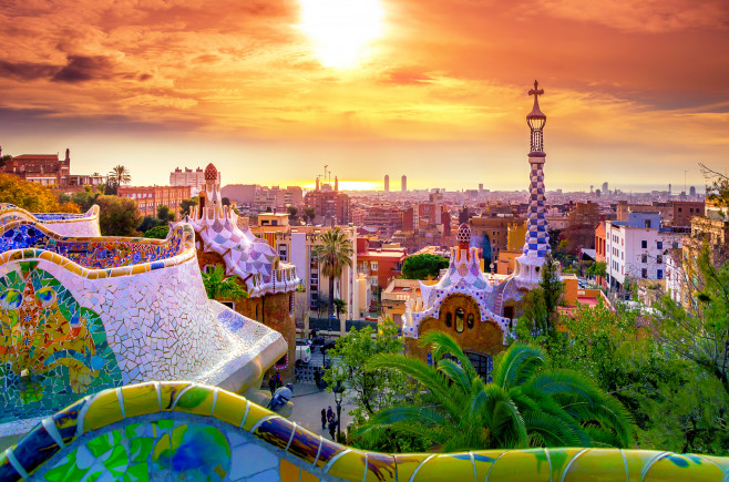 View of the city from Park Guell in Barcelona, Spain