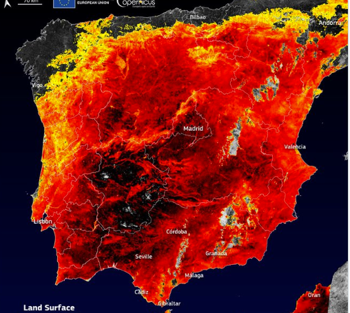 O imagine din satelit arată 60 de grade la sol în Spania. Valul de caniculă "Cerberus" face deja victime, iar după el vine "Charon"