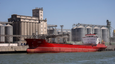 The vessel waits to be loaded at Reni river port on Danube river, in Odesa region, Ukraine
