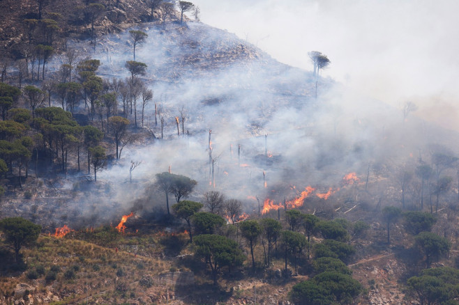Italy, Monreale (Palermo - Sicily): The heat wave and drought are favoring numerous fires throughout. Fire on Mount Caputo. Many people evacuated in the Caputotello area. Helicopters and Canadairs at work