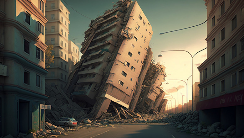 cladire care cade in urma unui cutremur intr-un oras unde mai sunt cladiri, blocuri, strada