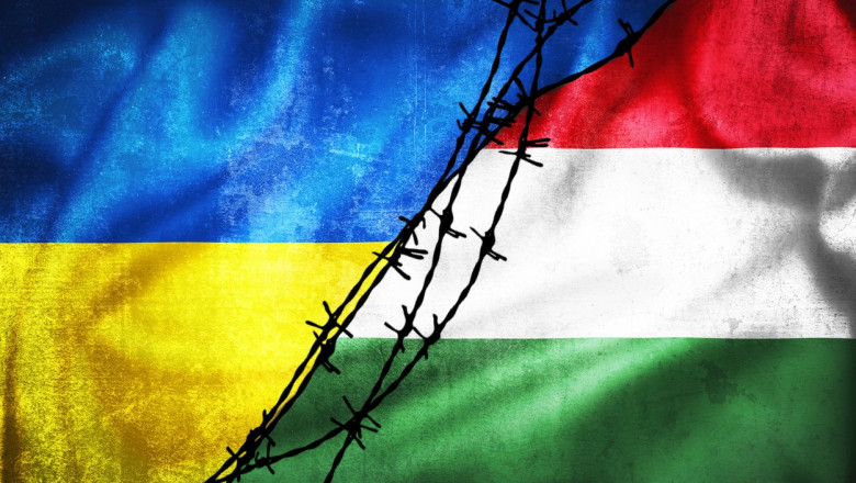 Grunge flags of Ukraine and Hungary divided by barb wire illustration