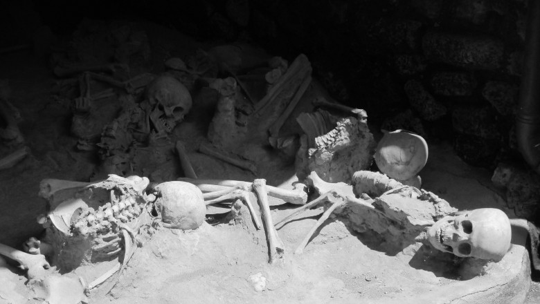 Schelete ale locuitorilor orașului antic Herculaneum uciși de erupția vulcanului Vezuviu