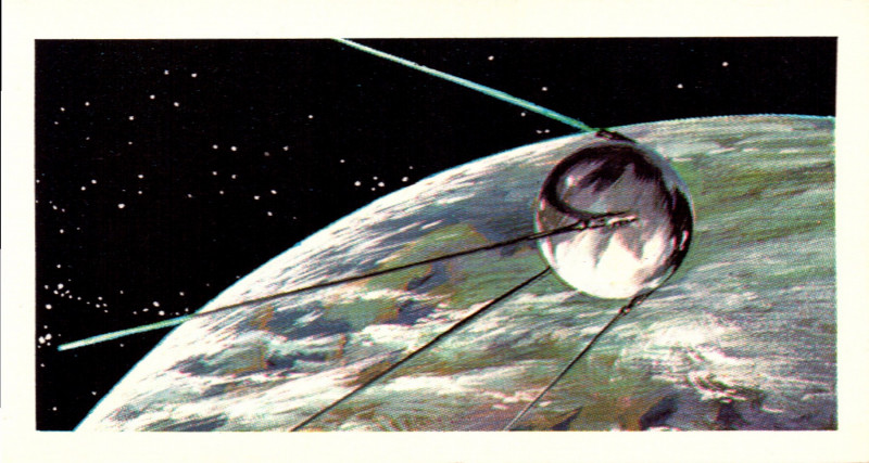 The Race into Space, illustrated by David Lawson; illustrated colour image of Sputnik I