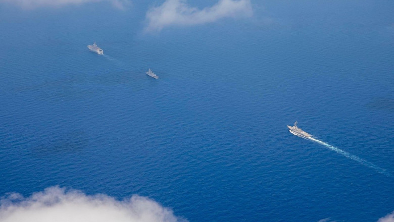 220829-N-UL352-1842 MEDITERRANEAN SEA (Aug 29, 2022) Guided-missile destroyer USS Delbert D. Black (DDG 119), right, operates in formation with Egyptian Navy amphibious assault ship ENS Gamal Adbel Nasser (L 1010) and Egyptian Navy frigate ENS Al-Galala (