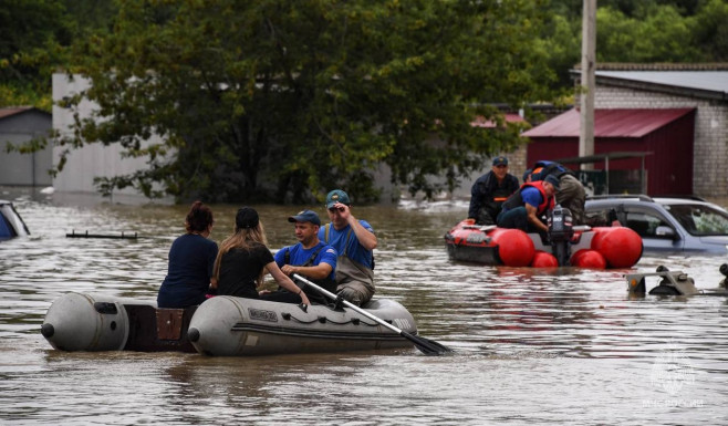 Flooded residential areas after dam collapse in Russia