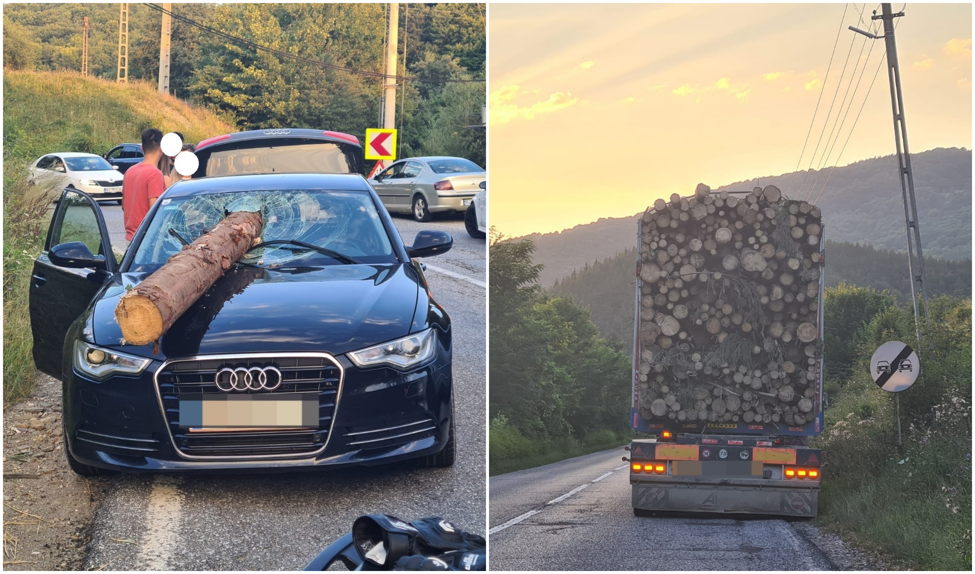 Parbriz străpuns de un buștean căzut dintr-un camion, pe DN10, în Brașov. Ce a pățit șoferul TIR-ului care transporta lemnele