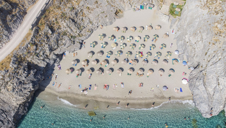 Tourism In Greece - Aerial View Of Mikro Ammoudi Beach In Crete Island, Mikro Ammoudi - Rethymno - 15 Jun 2022