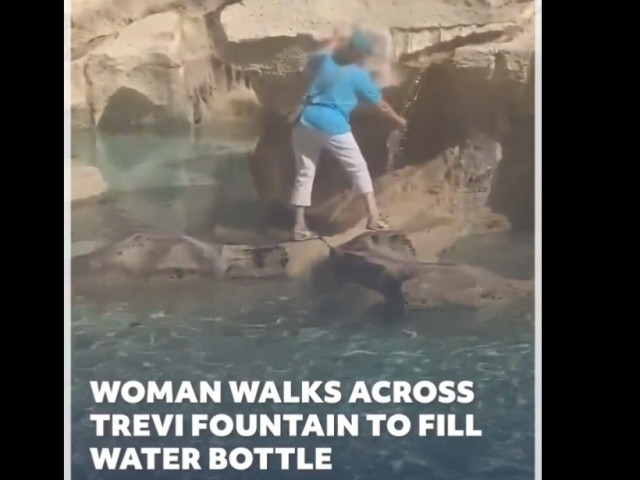 Le immagini che ancora una volta hanno fatto arrabbiare l’Italia.  Una turista è salita sulla Fontana di Trevi per riempire la sua borraccia