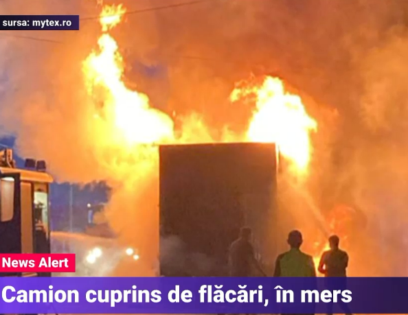 Un camion a luat foc în mers pe un drum național din Brașov