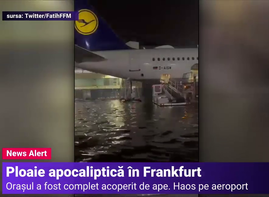 Haos pe aeroportul din Frankfurt după o ploaie torențială. Pista a fost complet inundată, iar pasagerii au rămas blocați în avioane