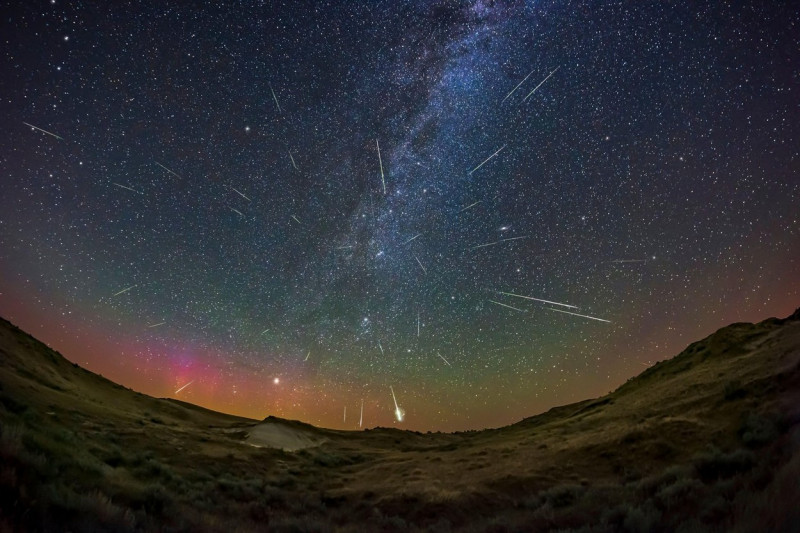 A composite showing about three dozen Perseid meteors accumulated over 3 hours of time, compressed into one image showing the radiant point of the met