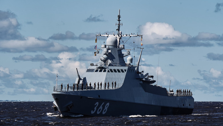 Russian Navy's Vasily Bykov patrol ship takes part in a Navy Day parade rehearsal