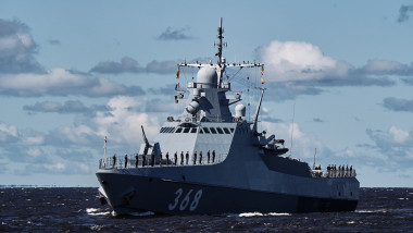 Russian Navy's Vasily Bykov patrol ship takes part in a Navy Day parade rehearsal