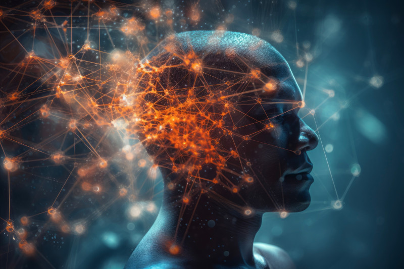 Power of human mind. Concept of human mind creating ideas. Innovation in thinking and creating. Human Intelligence. Human and technology connected. Biological and artificial structures. Brain and cyberspace network