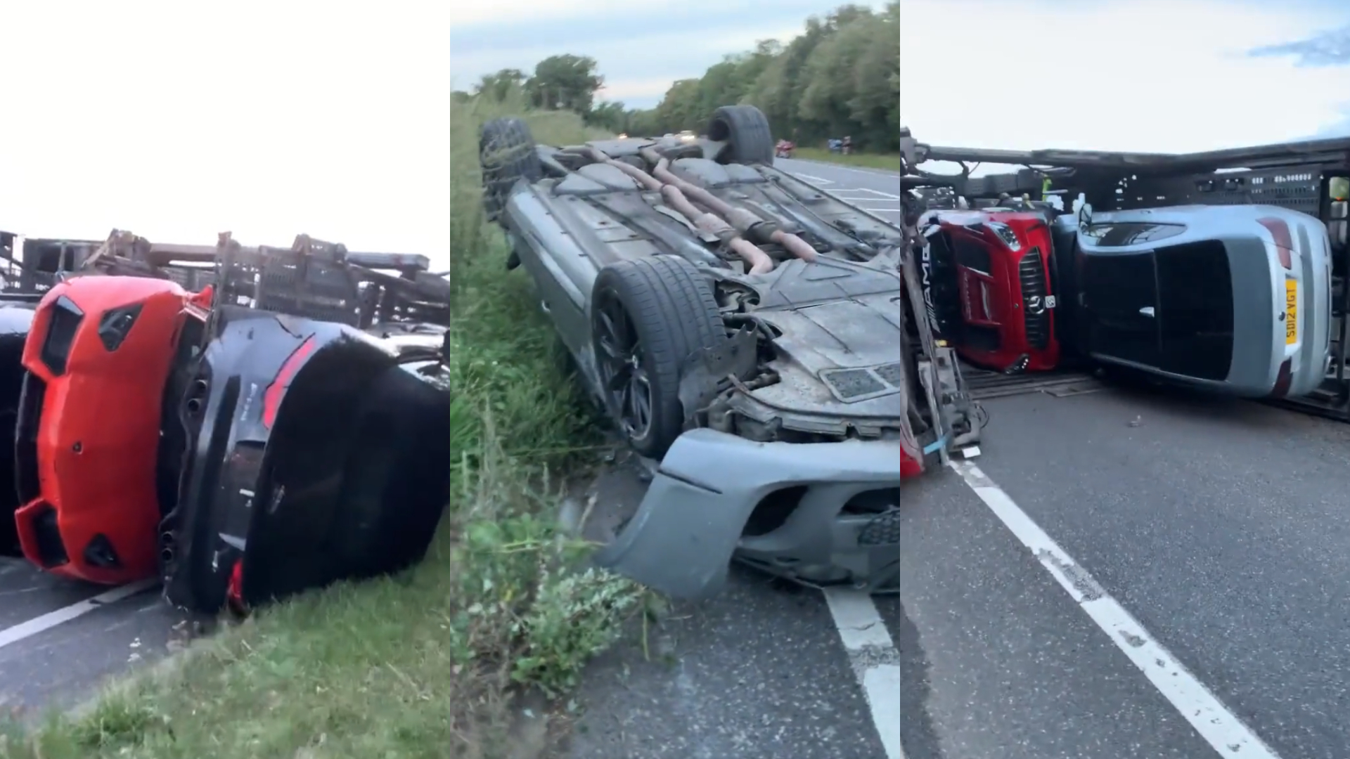 VIDEO Pagube de milioane după ce un trailer auto încărcat cu mașini Aston Martin și Lamborghini s-a răsturnat pe un drum, în Anglia