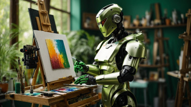 un robot pictează la un șevalet