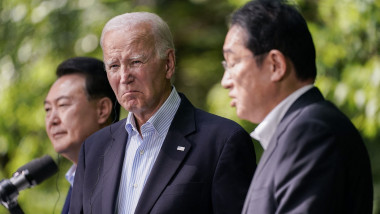 South Korean President Yoon Suk Yeol, United States President Joe Biden and Japanese Prime Minister Fumio Kishida hold a joint press conference at the Trilateral Summit held at Camp David