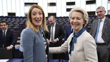 European Parliament President Roberta Metsola and President of the European Commission Ursula von der Leyen laughing