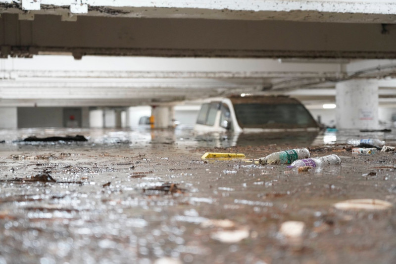 HONG KONG, CHINA - SEPTEMBER 08: Wan Tsui parking lot is flooded on September 8, 2023 in Hong Kong, China. Torrential do