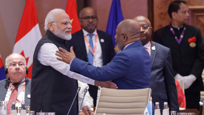 India's Prime Minister Narendra Modi welcomes leaders of the G20 countries