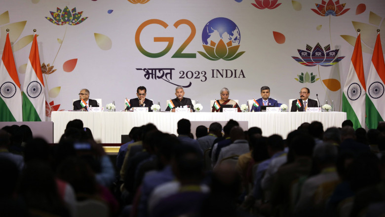 Neu-Delhi, Indien, 09.09.2023: Pressekonferenz zum ersten Tag des G20-Gipfels am Samstagnachmittag, unter anderem mit In