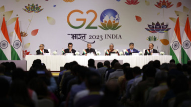 Neu-Delhi, Indien, 09.09.2023: Pressekonferenz zum ersten Tag des G20-Gipfels am Samstagnachmittag, unter anderem mit In