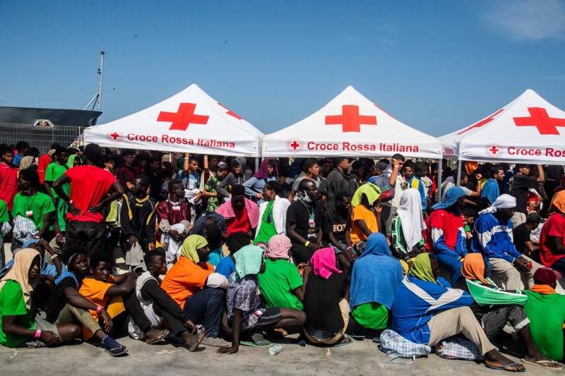 migrants wait to be transferred to Porto Empedocle with the Cassiopea ship of the Navy, Lampedusa, Italy 15 Sempt 2023