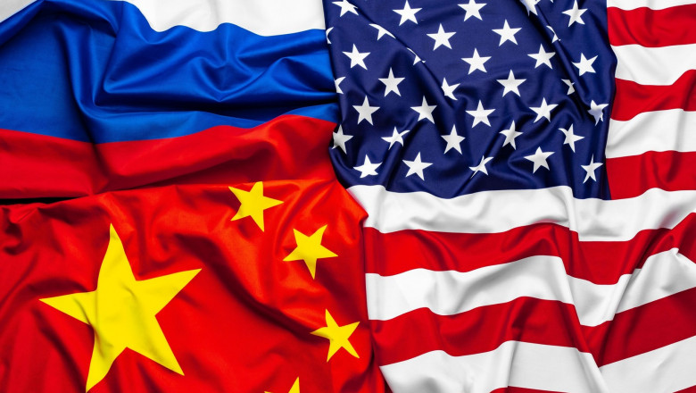 China, USA and Russia national flags top view
