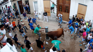 spanioli participă la o cursă cu tauri într-un oraș din regiunea Valencia