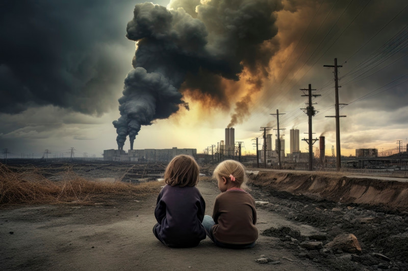 Hope Amidst Pollution: Children Embracing in a Factory-Polluted World