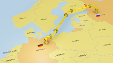 3D Render of Nord Stream 2 gas pipeline emerging on map of Europe connecting Russia and Germany through Baltic Sea