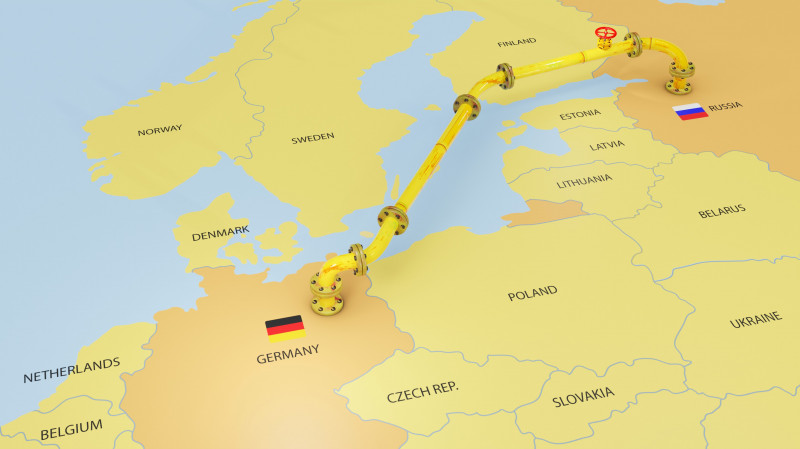 3D Render of Nord Stream 2 gas pipeline emerging on map of Europe connecting Russia and Germany through Baltic Sea