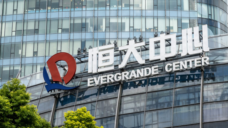 A view of the logo of the Evergrande Group at Evergrande Center in Shanghai, China