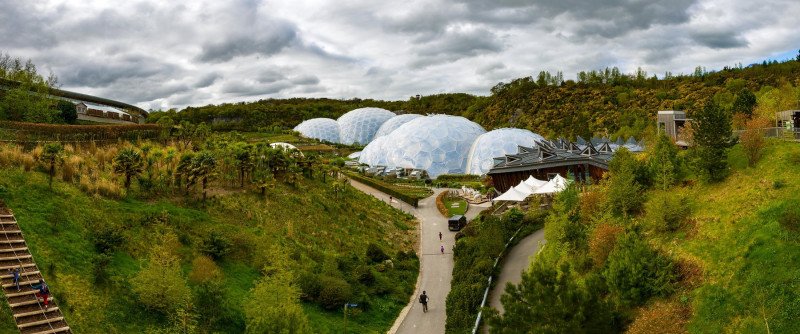 Pictured is wide arching panorama of Cornwalls premier attraction "The Eden Project". Boasting thousands of daily visitors, also featuring a plethora