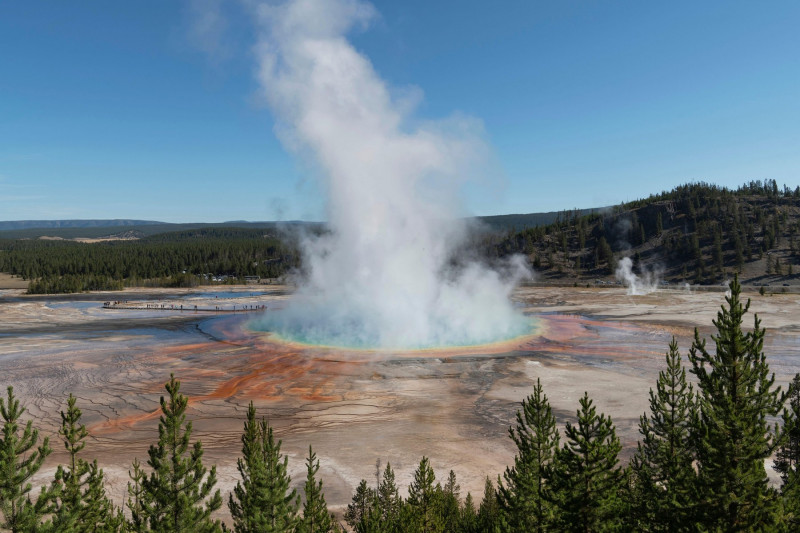 Steam plume emitting from Grand Prismatic Spring on a cold morning, Yellowstone National Park.